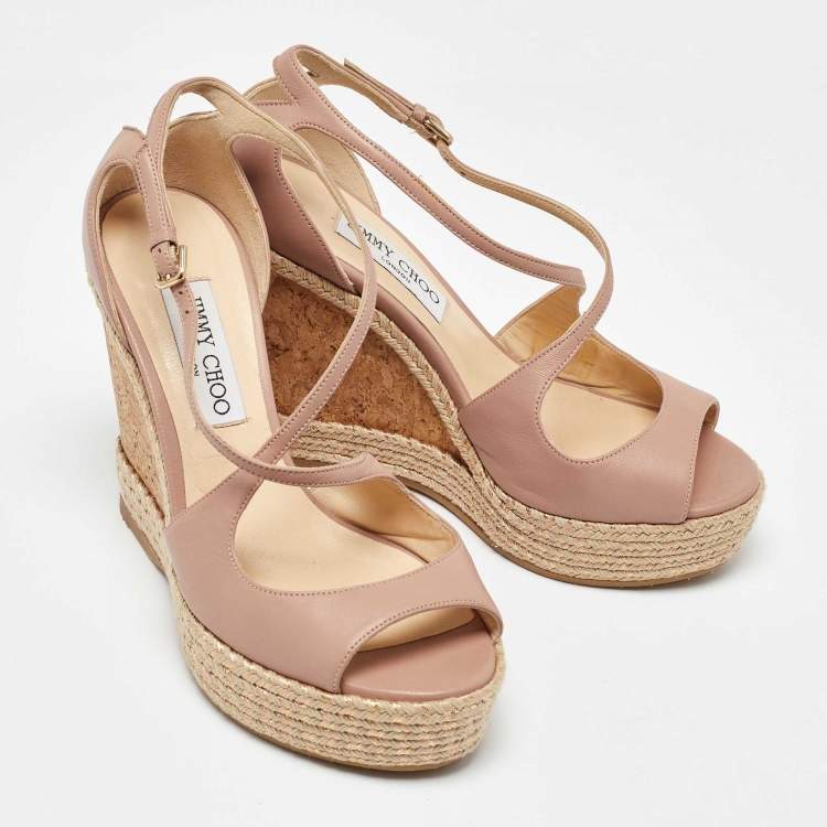 Pre Owned Jimmy Choo Beige Leather Cork Espadrille Wedge Sandals Size 38