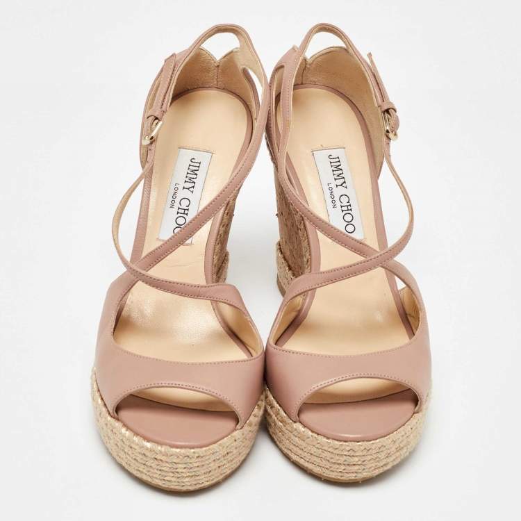 Pre Owned Jimmy Choo Beige Leather Cork Espadrille Wedge Sandals Size 38