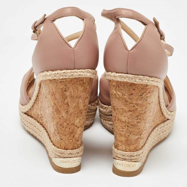 Pre Owned Jimmy Choo Beige Leather Cork Espadrille Wedge Sandals Size 38