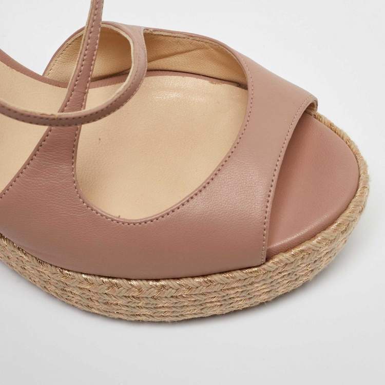 Pre Owned Jimmy Choo Beige Leather Cork Espadrille Wedge Sandals Size 38