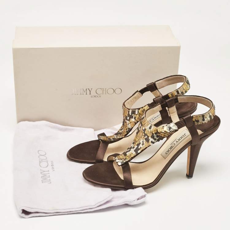 Pre Owned Jimmy Choo Dark Brown/Beige Satin Sequins Embellished T-Strap Sandals Size 38.5