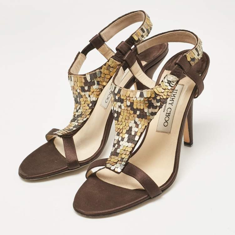 Pre Owned Jimmy Choo Dark Brown/Beige Satin Sequins Embellished T-Strap Sandals Size 38.5