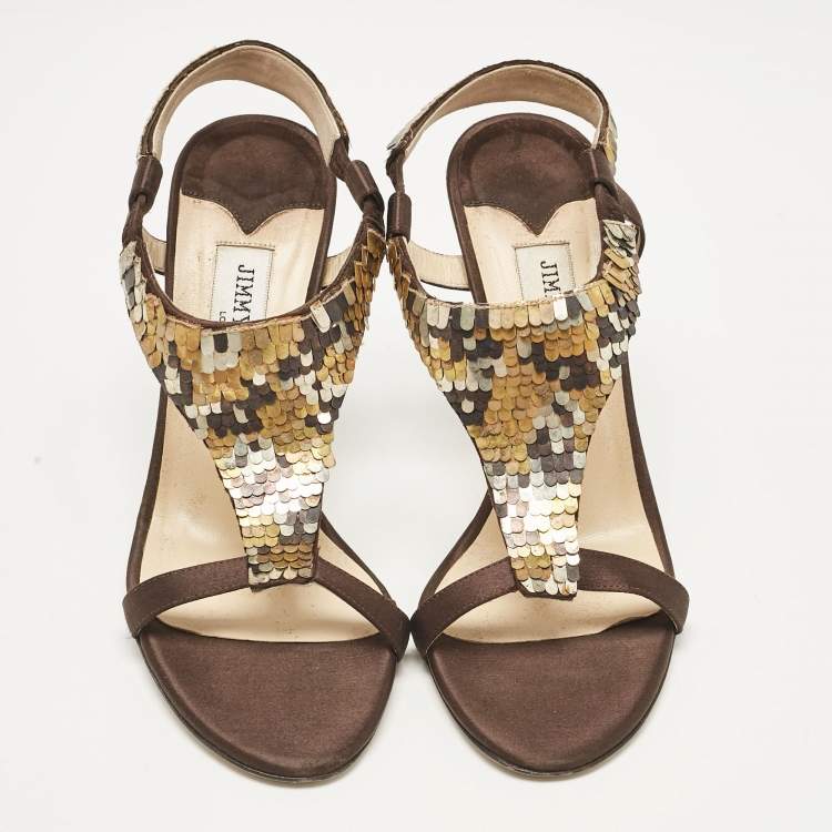 Pre Owned Jimmy Choo Dark Brown/Beige Satin Sequins Embellished T-Strap Sandals Size 38.5