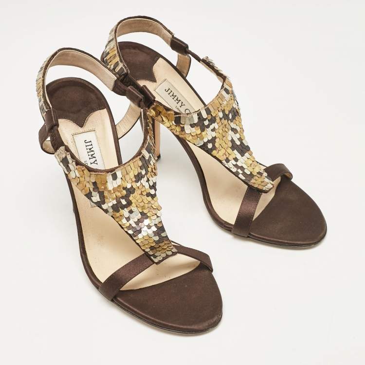 Pre Owned Jimmy Choo Dark Brown/Beige Satin Sequins Embellished T-Strap Sandals Size 38.5