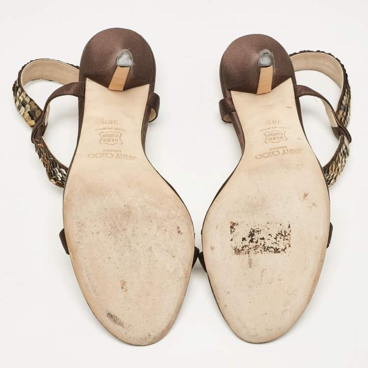 Pre Owned Jimmy Choo Dark Brown/Beige Satin Sequins Embellished T-Strap Sandals Size 38.5