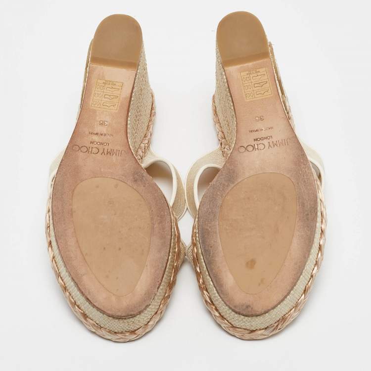 Pre Owned Jimmy Choo Beige Canvas Dovina Wedge Sandals Size 38