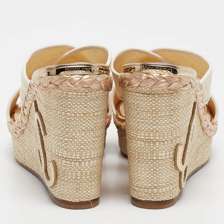 Pre Owned Jimmy Choo Beige Canvas Dovina Wedge Sandals Size 38