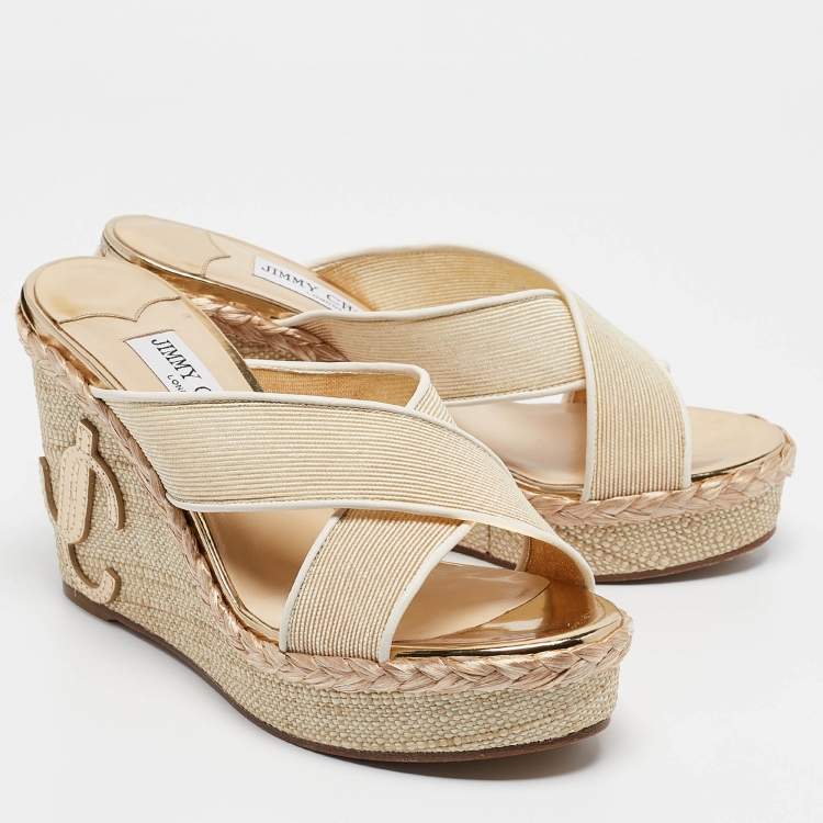 Pre Owned Jimmy Choo Beige Canvas Dovina Wedge Sandals Size 38