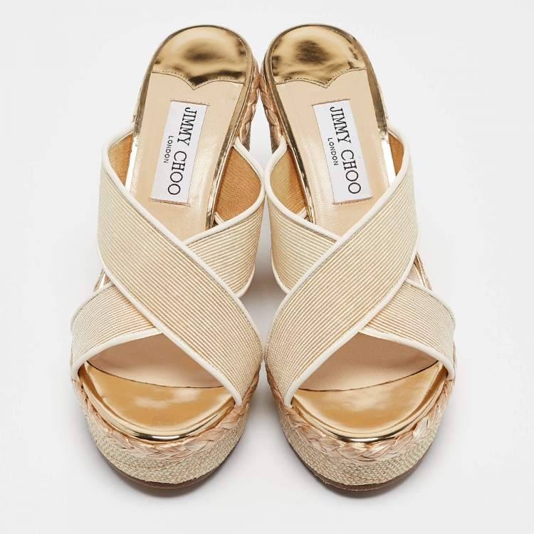 Pre Owned Jimmy Choo Beige Canvas Dovina Wedge Sandals Size 38
