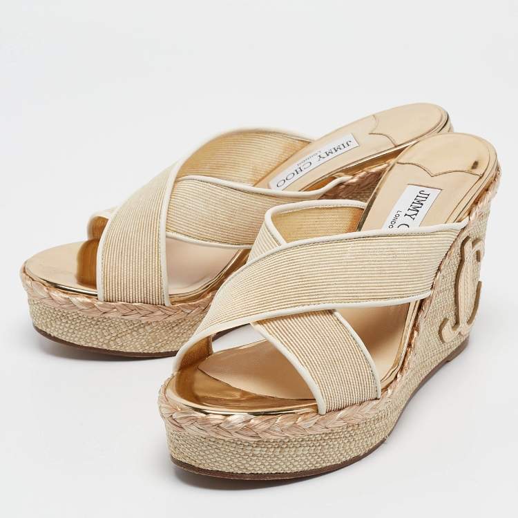 Pre Owned Jimmy Choo Beige Canvas Dovina Wedge Sandals Size 38