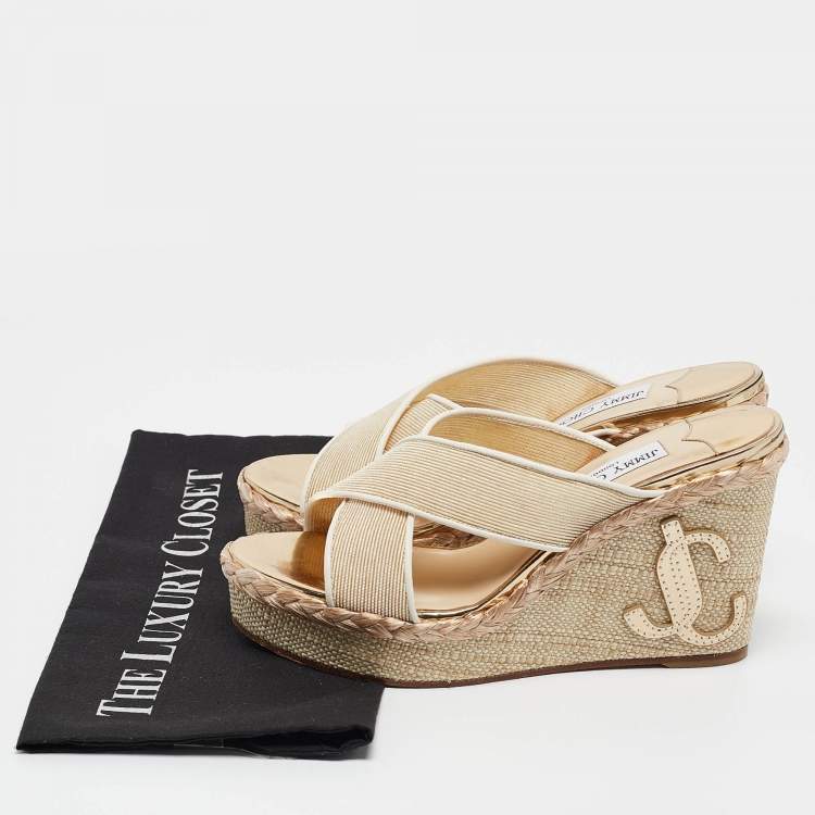 Pre Owned Jimmy Choo Beige Canvas Dovina Wedge Sandals Size 38