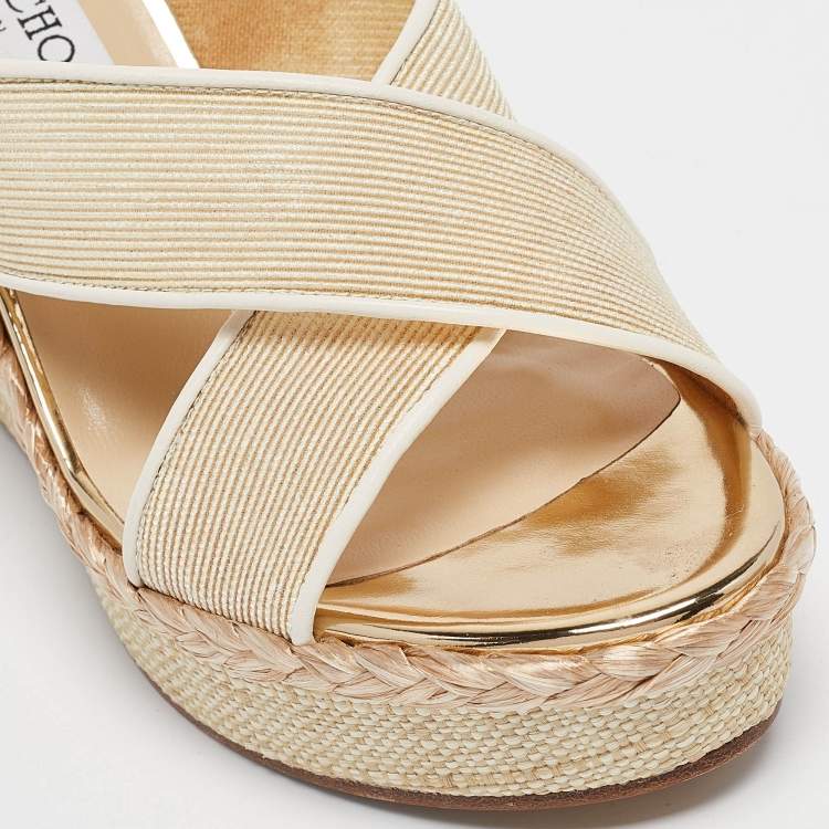 Pre Owned Jimmy Choo Beige Canvas Dovina Wedge Sandals Size 38