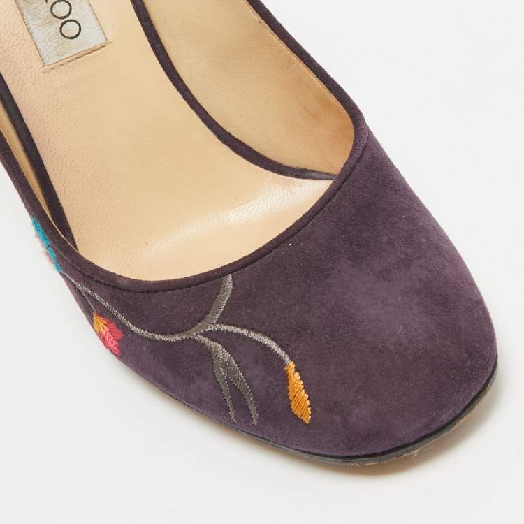 Pre Owned Jimmy Choo Purple Suede Embroidered Chelan Ankle Wrap Pumps Size 38.5