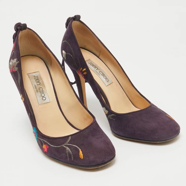 Pre Owned Jimmy Choo Purple Suede Embroidered Chelan Ankle Wrap Pumps Size 38.5