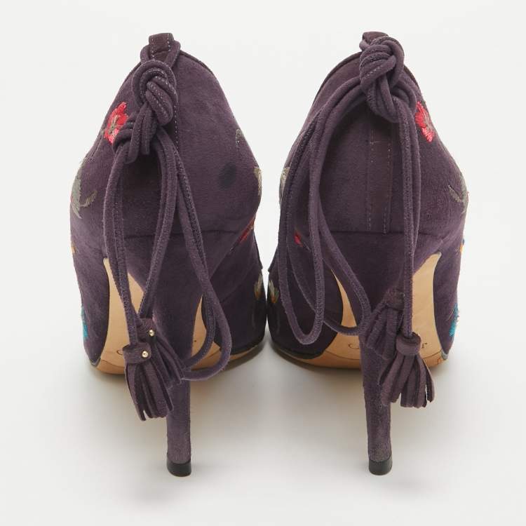 Pre Owned Jimmy Choo Purple Suede Embroidered Chelan Ankle Wrap Pumps Size 38.5