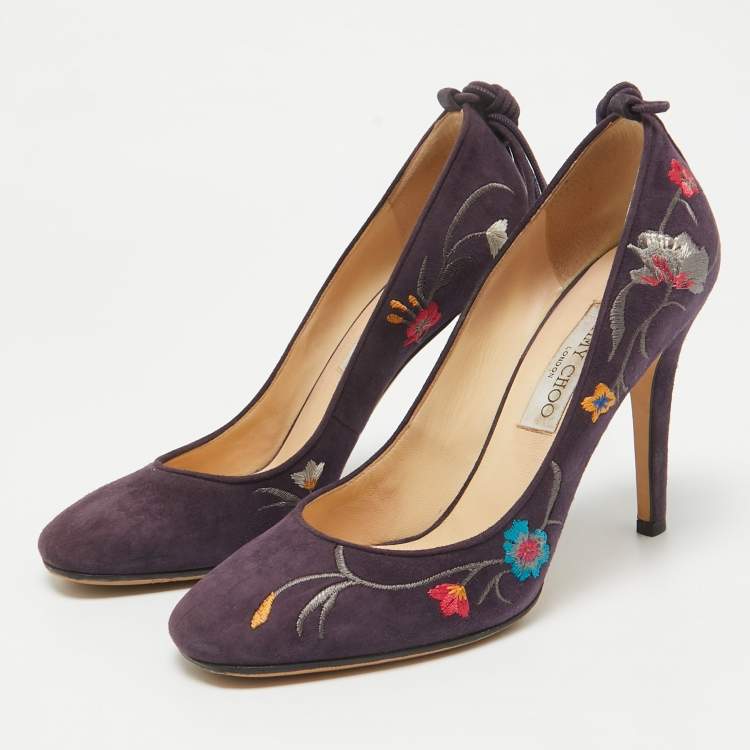 Pre Owned Jimmy Choo Purple Suede Embroidered Chelan Ankle Wrap Pumps Size 38.5
