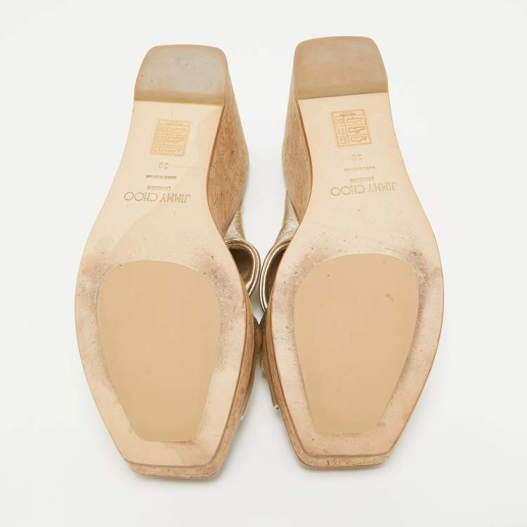 Pre Owned Jimmy Choo Gold Leather Narisa Wedge Sandals Size 39