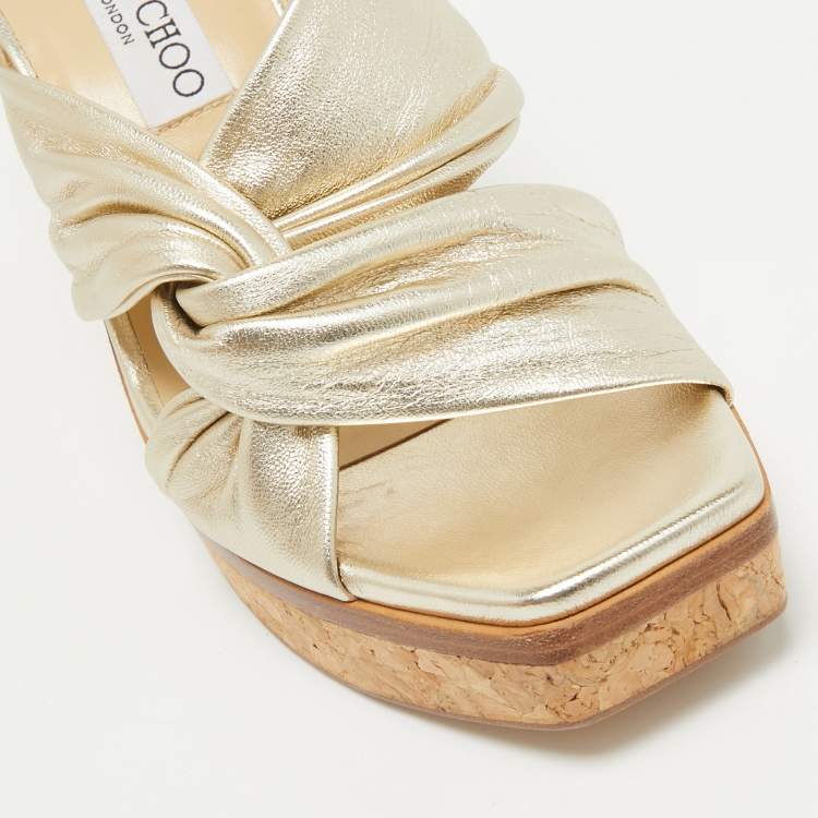 Pre Owned Jimmy Choo Gold Leather Narisa Wedge Sandals Size 39