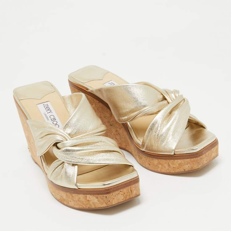Pre Owned Jimmy Choo Gold Leather Narisa Wedge Sandals Size 39