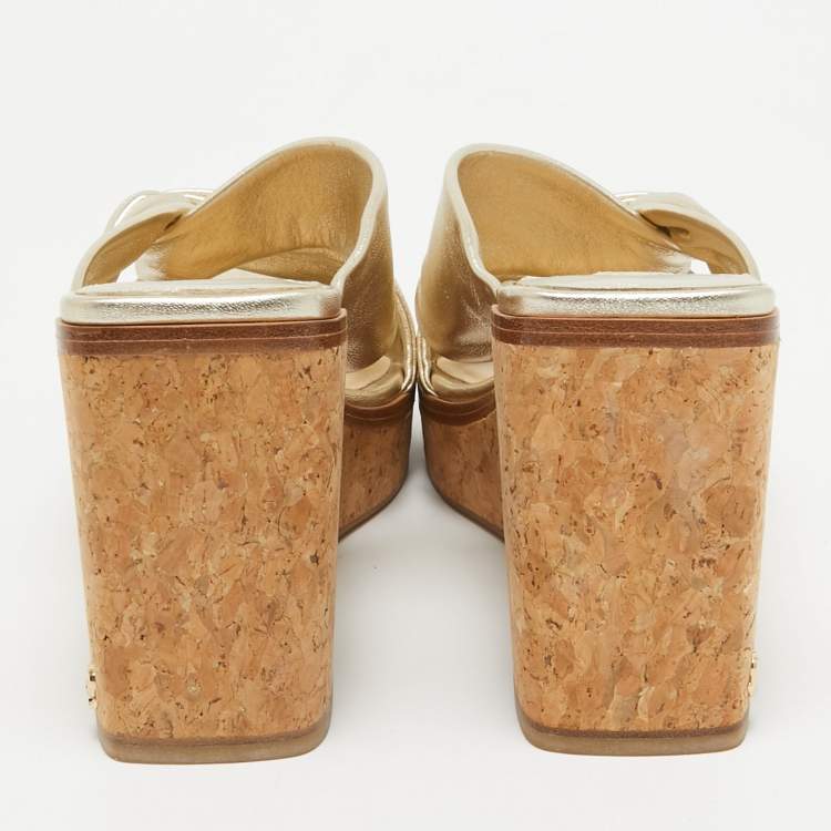 Pre Owned Jimmy Choo Gold Leather Narisa Wedge Sandals Size 39