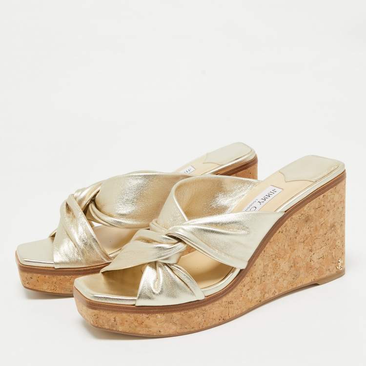 Pre Owned Jimmy Choo Gold Leather Narisa Wedge Sandals Size 39