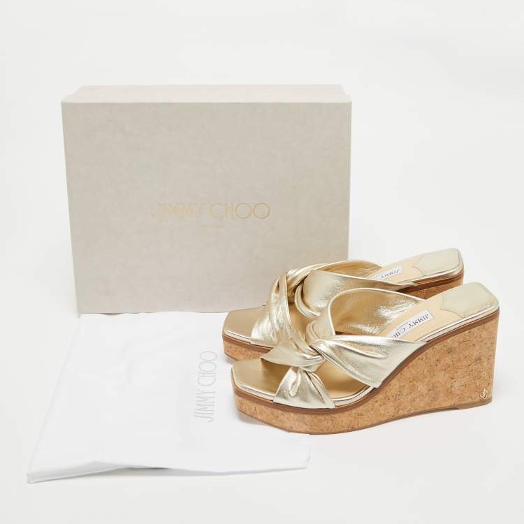 Pre Owned Jimmy Choo Gold Leather Narisa Wedge Sandals Size 39