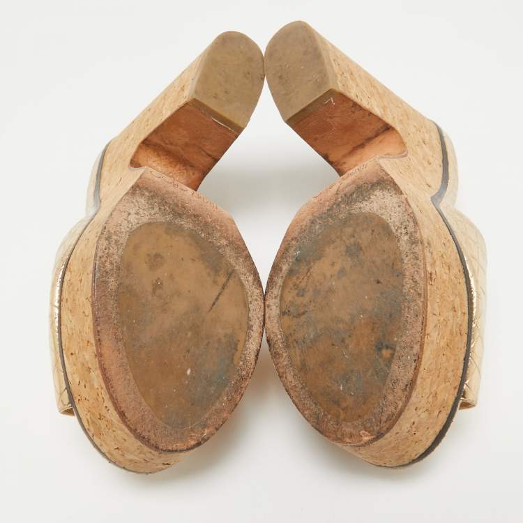 Pre Owned Jimmy Choo Gold Croc Embossed Leather Slide Sandals Size 36.5