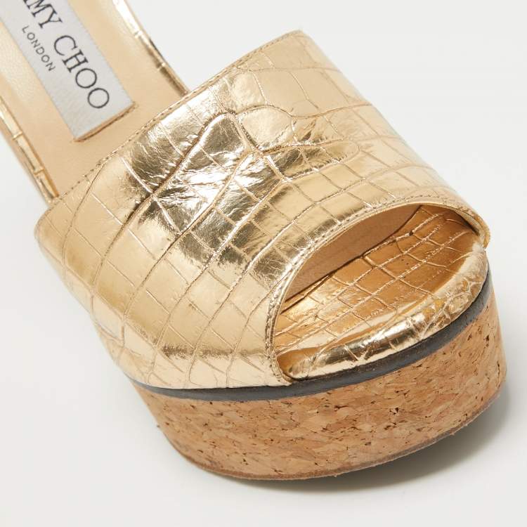 Pre Owned Jimmy Choo Gold Croc Embossed Leather Slide Sandals Size 36.5