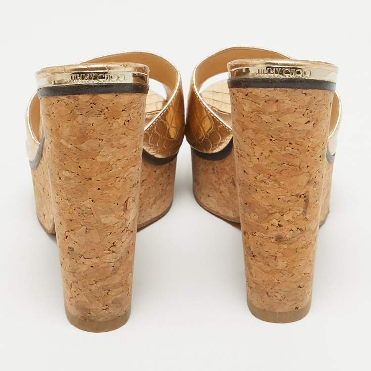 Pre Owned Jimmy Choo Gold Croc Embossed Leather Slide Sandals Size 36.5