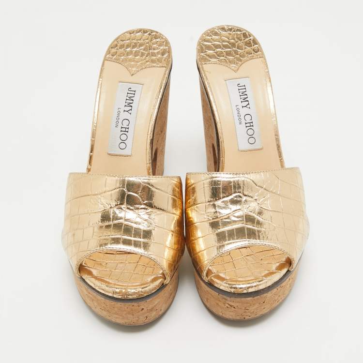 Pre Owned Jimmy Choo Gold Croc Embossed Leather Slide Sandals Size 36.5