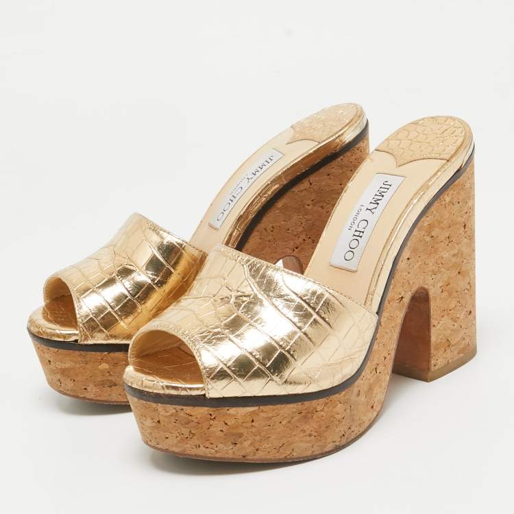 Pre Owned Jimmy Choo Gold Croc Embossed Leather Slide Sandals Size 36.5