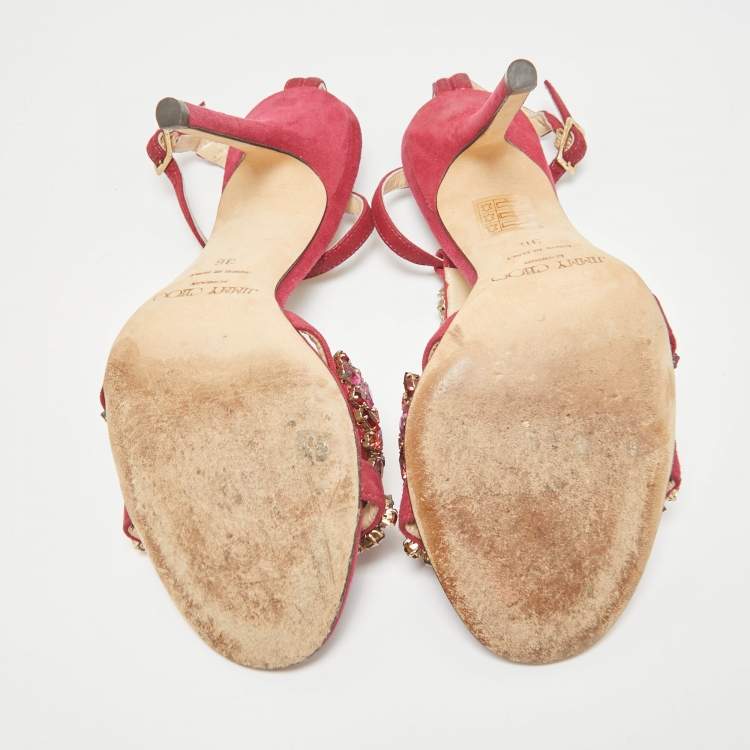Pre Owned Jimmy Choo Fuchsia Shimmer Suede Crystals Embellished Sandals Size 36