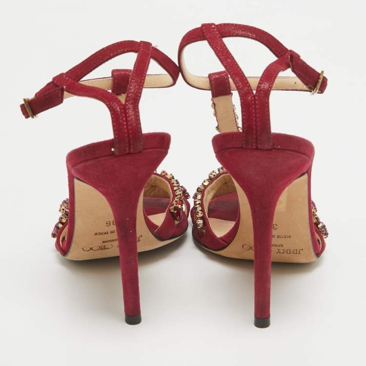 Pre Owned Jimmy Choo Fuchsia Shimmer Suede Crystals Embellished Sandals Size 36