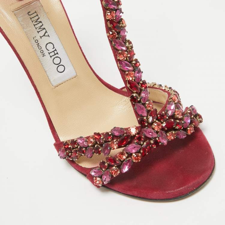 Pre Owned Jimmy Choo Fuchsia Shimmer Suede Crystals Embellished Sandals Size 36