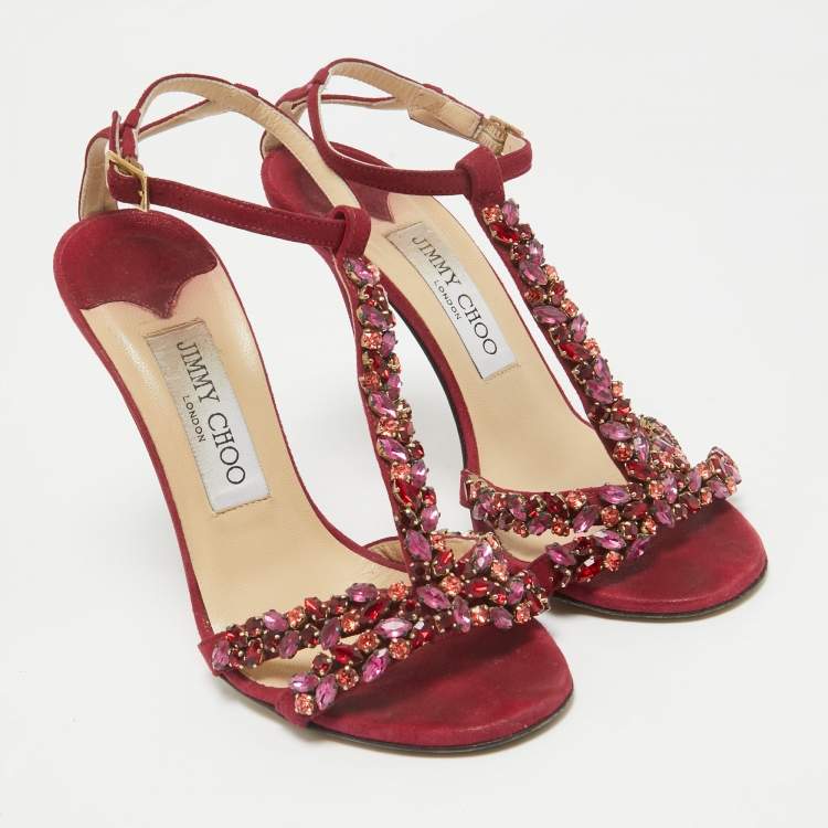 Pre Owned Jimmy Choo Fuchsia Shimmer Suede Crystals Embellished Sandals Size 36