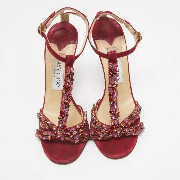 Pre Owned Jimmy Choo Fuchsia Shimmer Suede Crystals Embellished Sandals Size 36