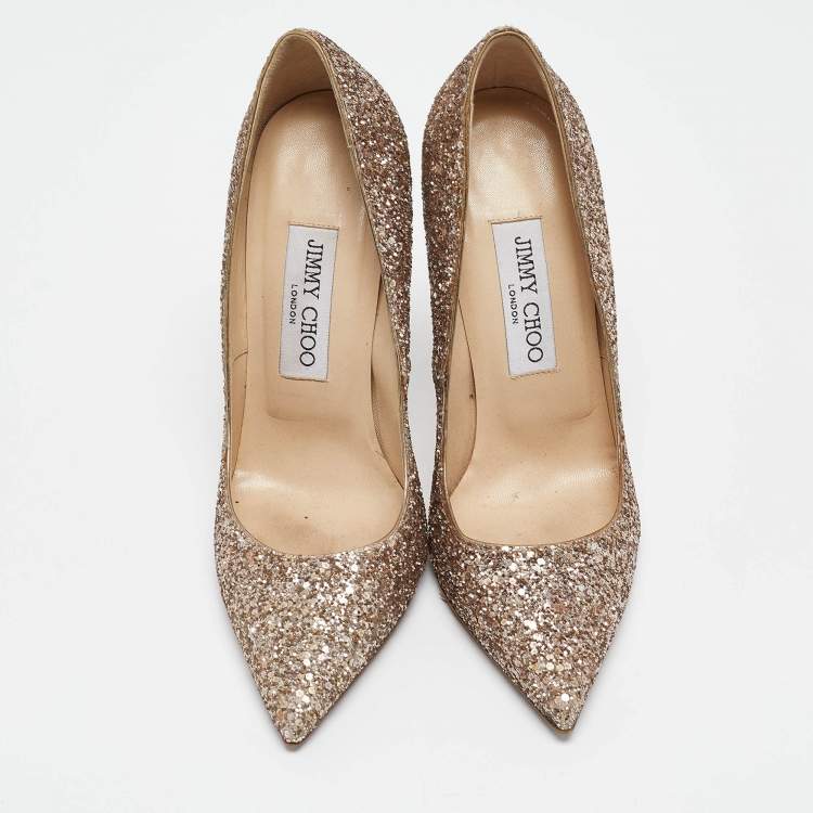 Pre Owned Jimmy Choo Rose Gold Coarse Glitter Romy Pumps Size 36