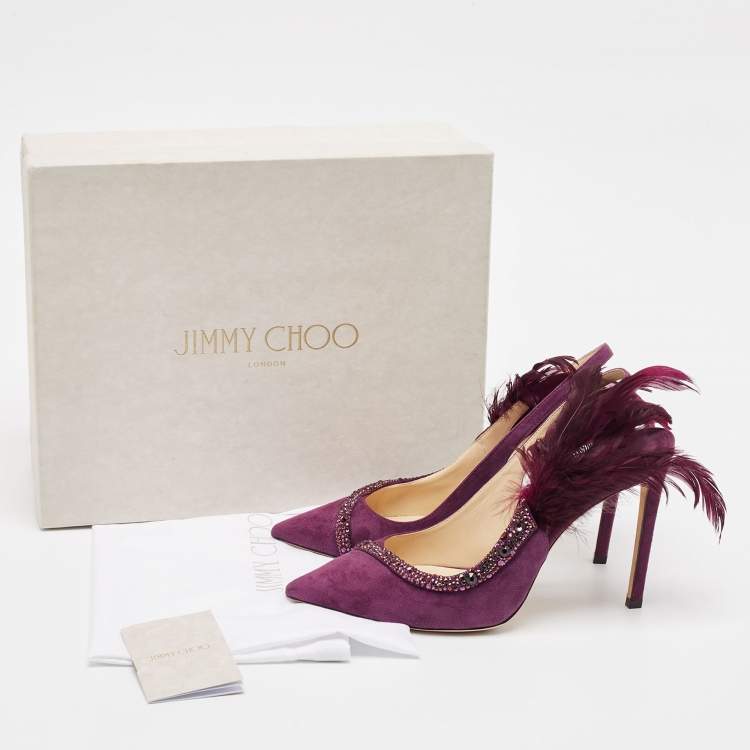 Pre Owned Jimmy Choo Purple Suede and Feather Tacey Slingback Pumps Size 40