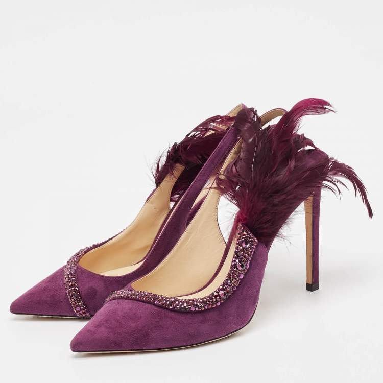 Pre Owned Jimmy Choo Purple Suede and Feather Tacey Slingback Pumps Size 40