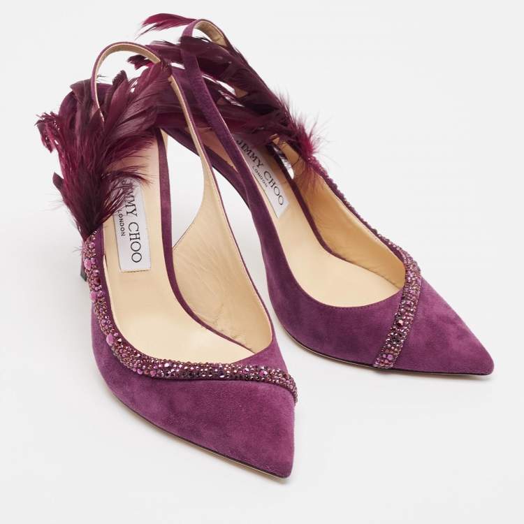 Pre Owned Jimmy Choo Purple Suede and Feather Tacey Slingback Pumps Size 40