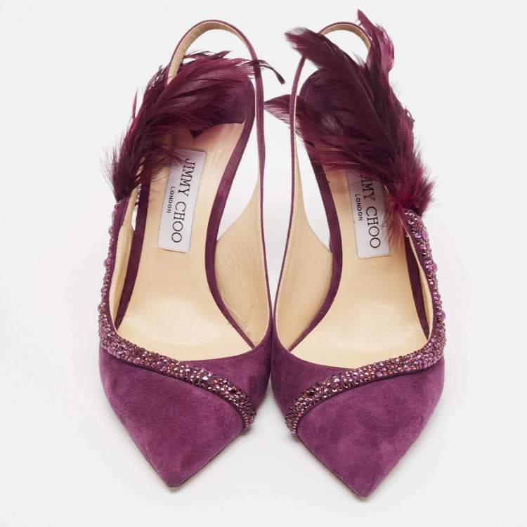 Pre Owned Jimmy Choo Purple Suede and Feather Tacey Slingback Pumps Size 40