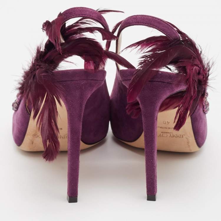Pre Owned Jimmy Choo Purple Suede and Feather Tacey Slingback Pumps Size 40