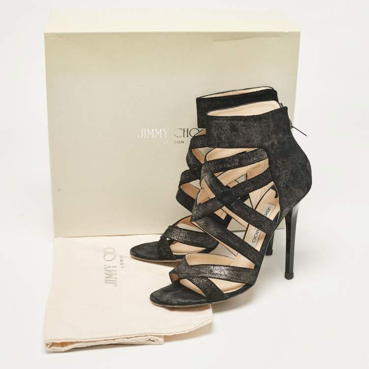Pre Owned Jimmy Choo Black Glitter Suede Strappy Sandals Size 38.5