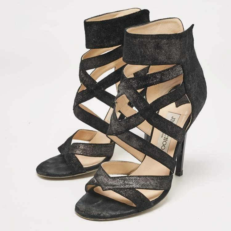 Pre Owned Jimmy Choo Black Glitter Suede Strappy Sandals Size 38.5