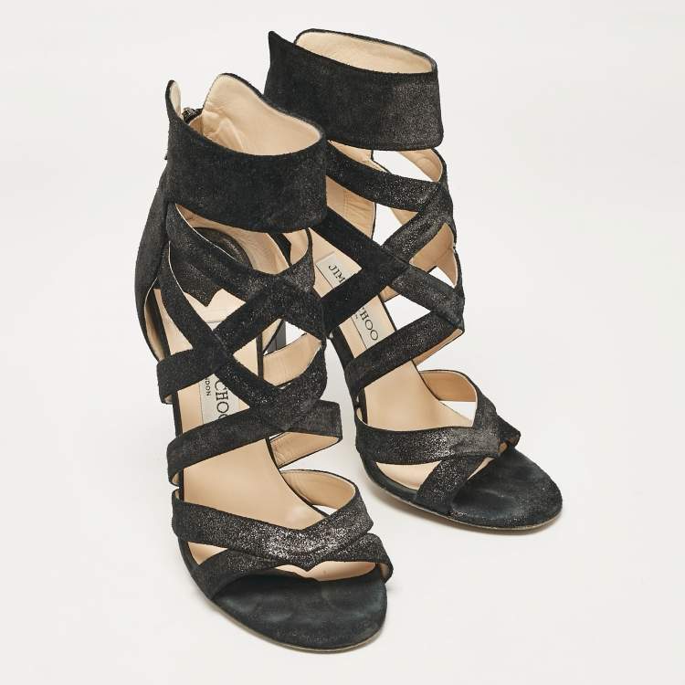 Pre Owned Jimmy Choo Black Glitter Suede Strappy Sandals Size 38.5