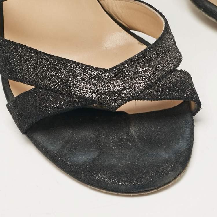 Pre Owned Jimmy Choo Black Glitter Suede Strappy Sandals Size 38.5