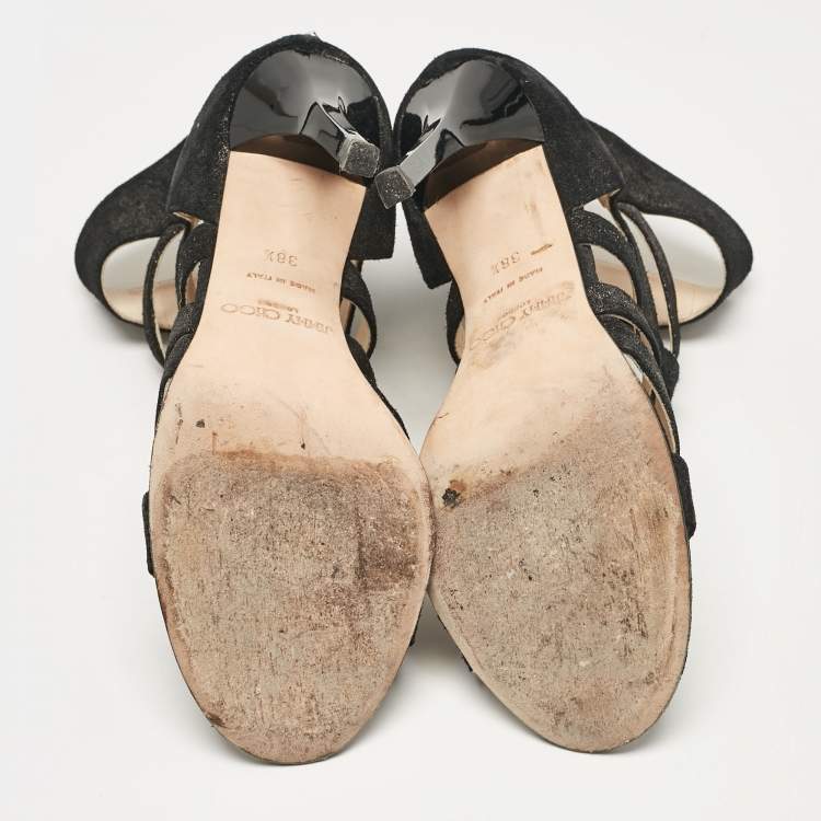 Pre Owned Jimmy Choo Black Glitter Suede Strappy Sandals Size 38.5