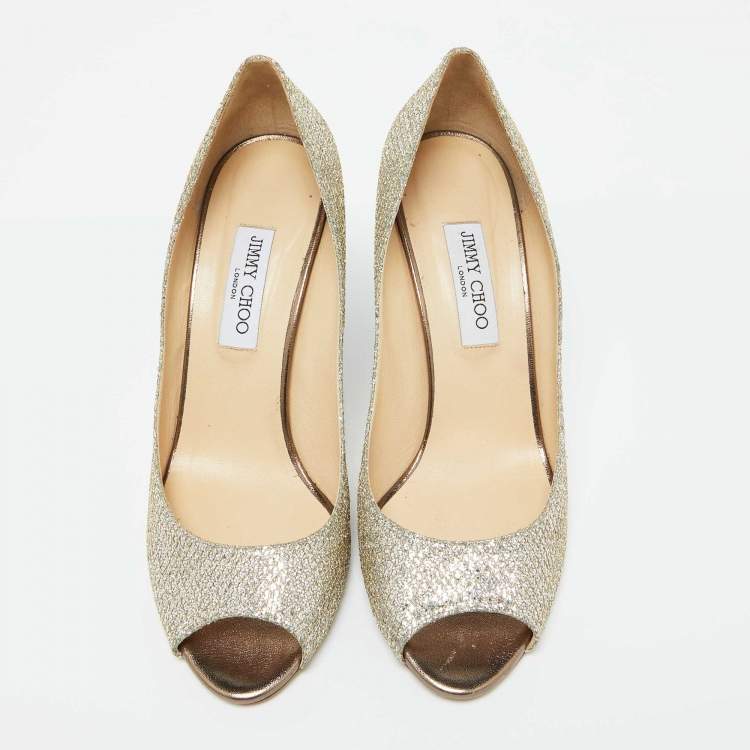 Pre Owned Jimmy Choo Gold Metallic Glitter Fabric Baxen Wedge Pumps Size 42