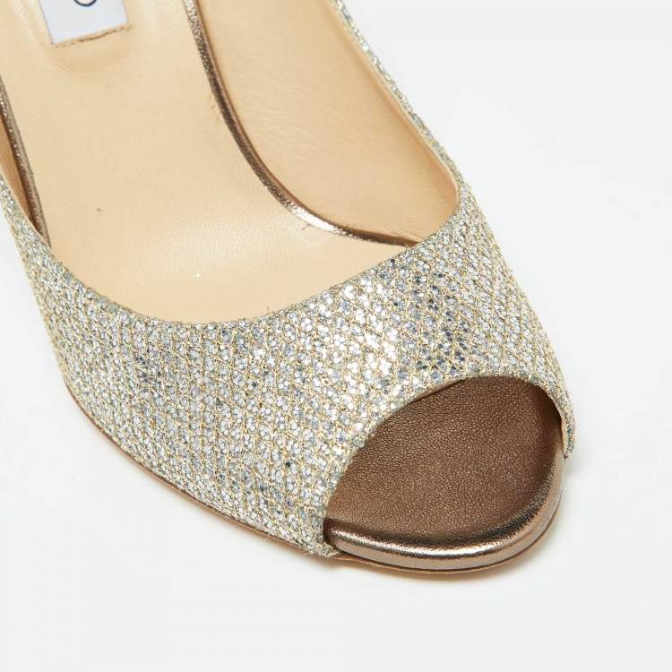 Pre Owned Jimmy Choo Gold Metallic Glitter Fabric Baxen Wedge Pumps Size 42