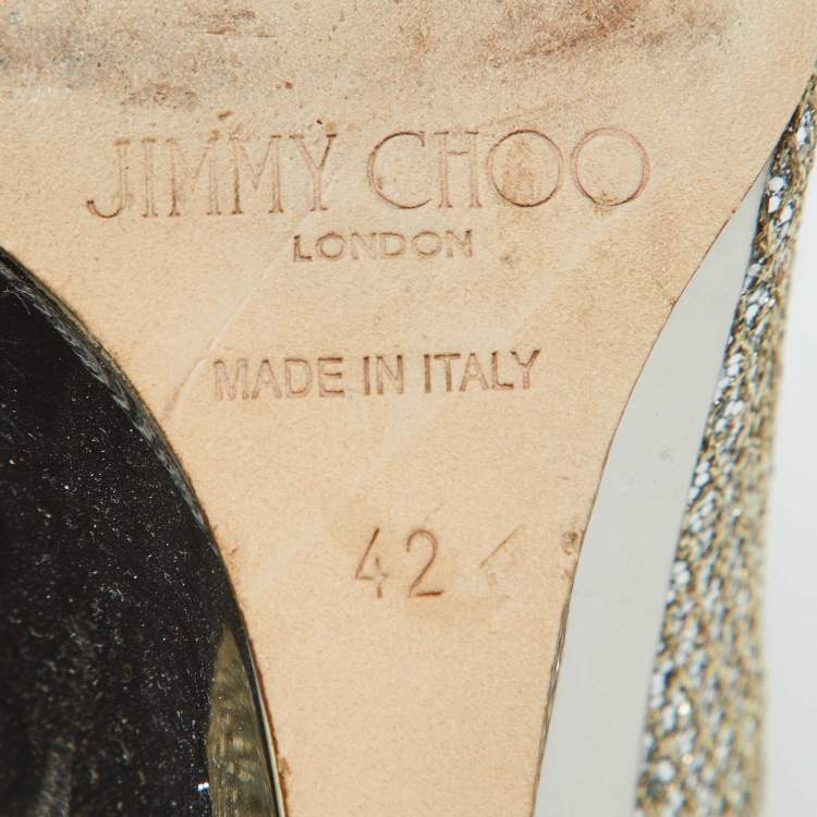 Pre Owned Jimmy Choo Gold Metallic Glitter Fabric Baxen Wedge Pumps Size 42